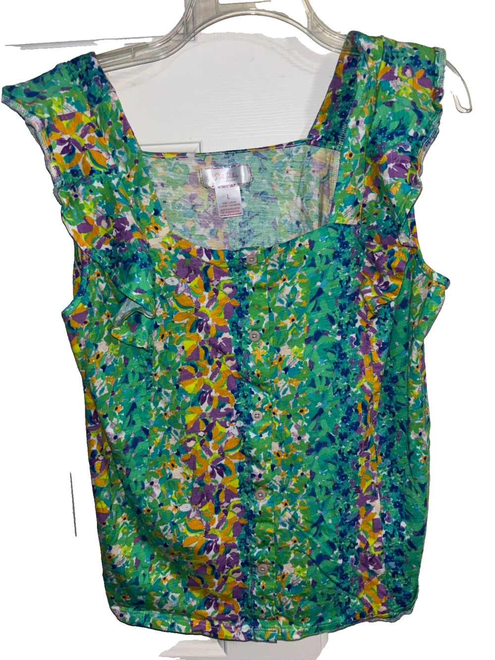 Stella Parker Floral Ruffle Tank Top Womens L Cotton Button Front Square Neck